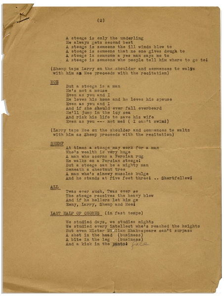 Moe Howard 2pp. Hand-Annotated Script for a Three Stooges Theater Skit, Entitled ''We Went to Yale'' -- Circa 1950 With Shemp -- Chipping to Sides, Good Condition